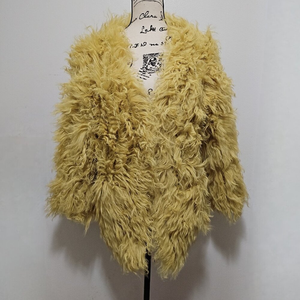 New Knitted Curly Mongolian Lamb Fur Coat Jacket Wrap Stole Mustard Yellow NoFox